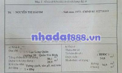Bán nhà hẻm 647 lạc long quân phường bảy hiền tphcm 34.6m2, 3 tầng, 5.2 tỷ